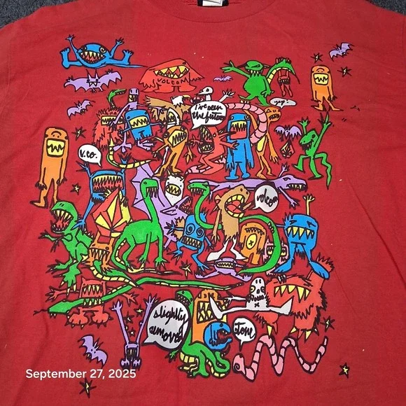 Vintage‎ Volcom Cartoon Monsters Shirt Size Medium Red Long Sleeve Crew Neck - Picture 2 of 10